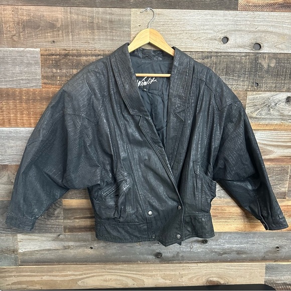 Winlit Vintage Black genuine Leather 80’s Women’s Jacket Small Shoulder Pads - Picture 1 of 8